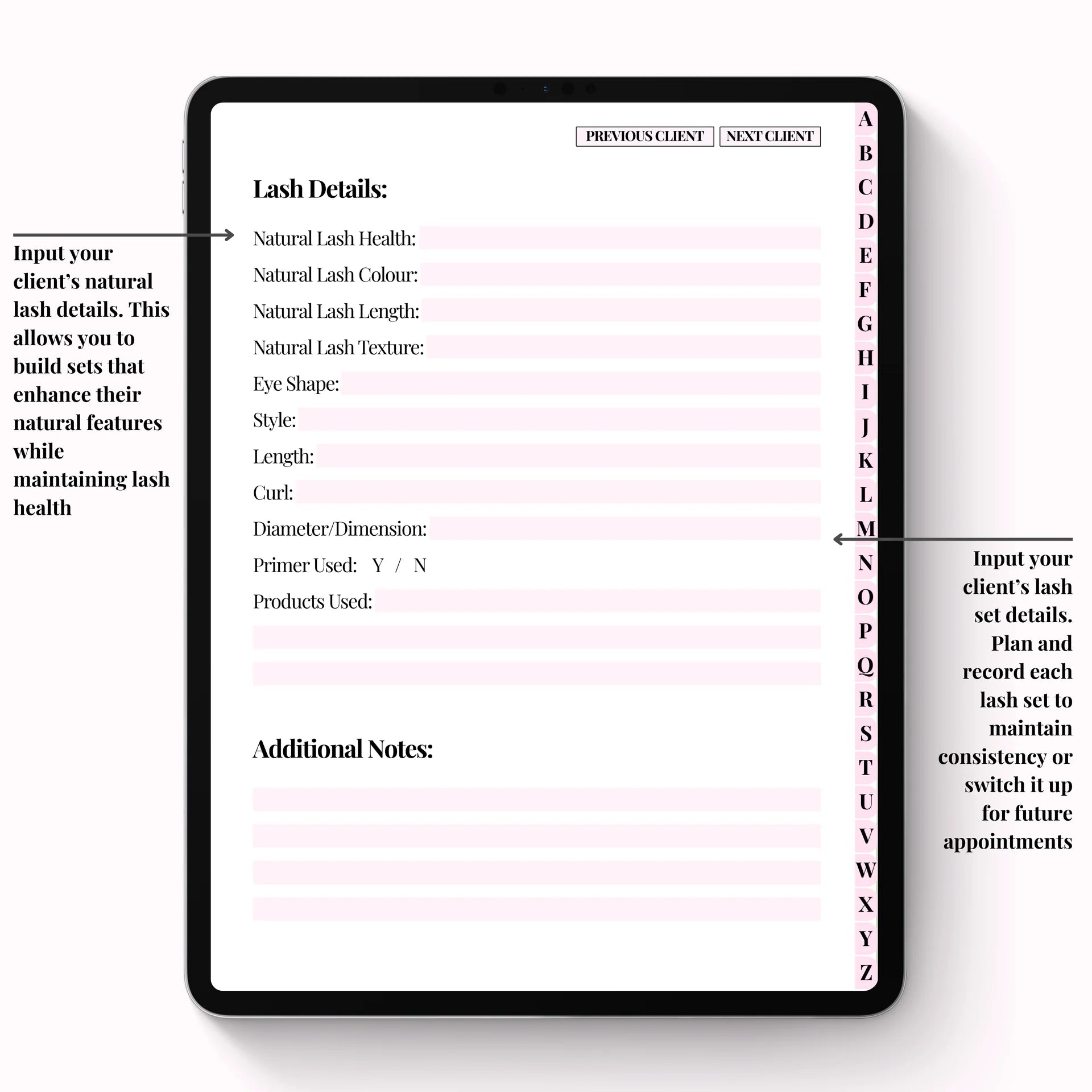 Lash Client Record Book